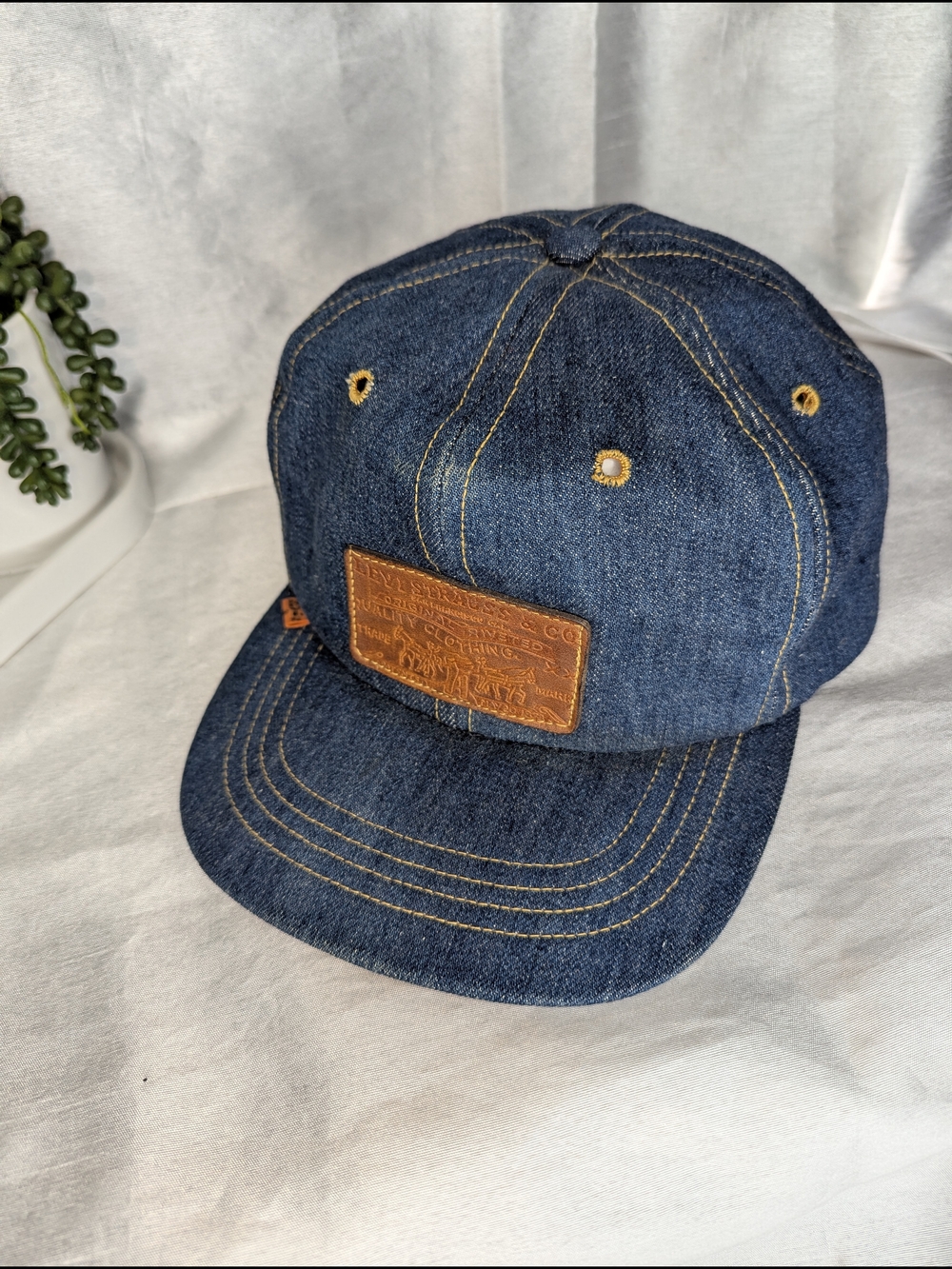 Vintage Levi Strauss Denim Trucker Hat - Leather Patch - Orange Tab